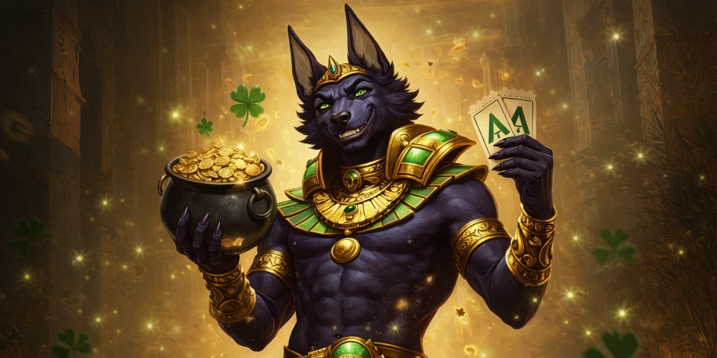 Anubis as a god of luck holding a pot of gold coins and winning lottery tickets with green clovers in a golden Egyptian temple.