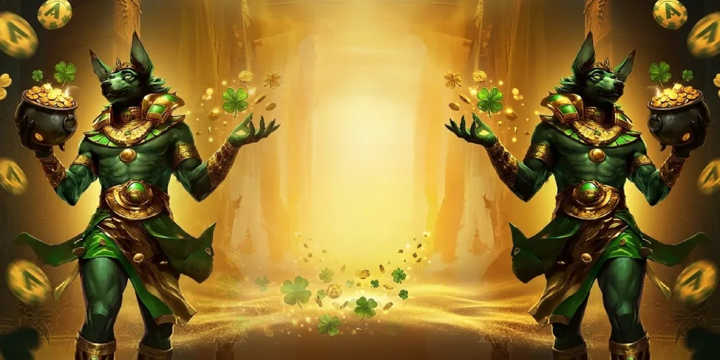 Symmetrical fantasy art of two green Anubis figures holding pots of gold coins and four-leaf clovers in a golden Egyptian temple background.